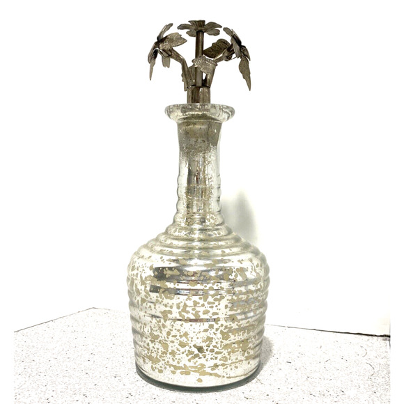 Vintage Mercury Glass Beehive Bottle with Ornate Floral Silvertone Metal Stopper - Picture 1 of 10